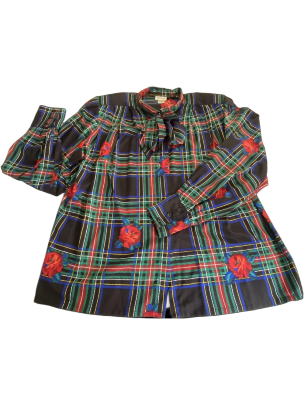 Vintage Nicola Blouse Womens 12 Maximalist Tartan Floral Bow Neck Top